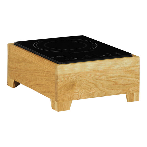 A black and wood Range Countertop Induction Cooker on a wooden surface.