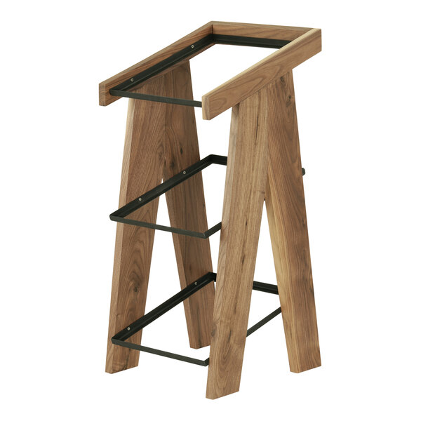 A wooden Cal-Mil display stand with black metal legs and three shelves.