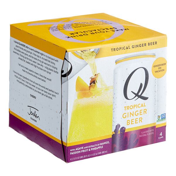 A case of Q Mixers Tropical Ginger Beer cans.
