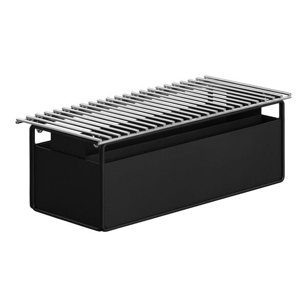 A black rectangular metal box with a metal grate on top.