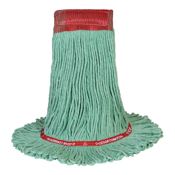 A green O-Cedar mop head with a red trim.