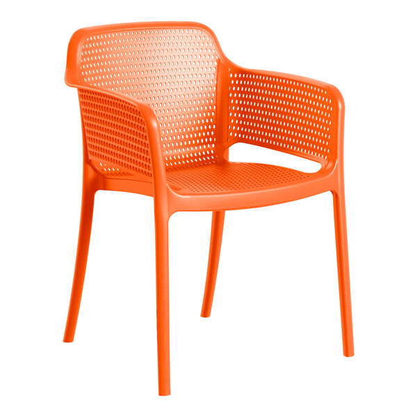 A Lancaster Table & Seating Rio Sunset Orange resin arm chair.
