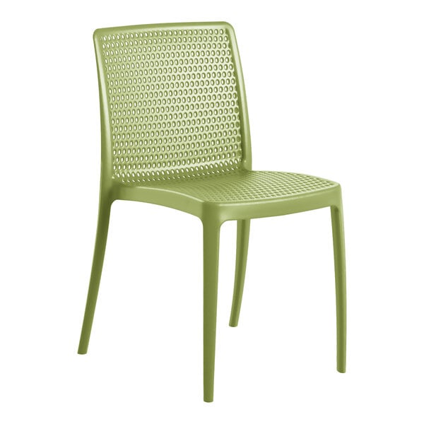 A close-up of a green Lancaster Table & Seating Rio resin side chair with a white background.
