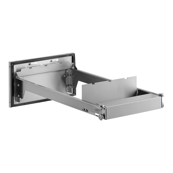 A silver metal shelf with a metal drawer and frame.