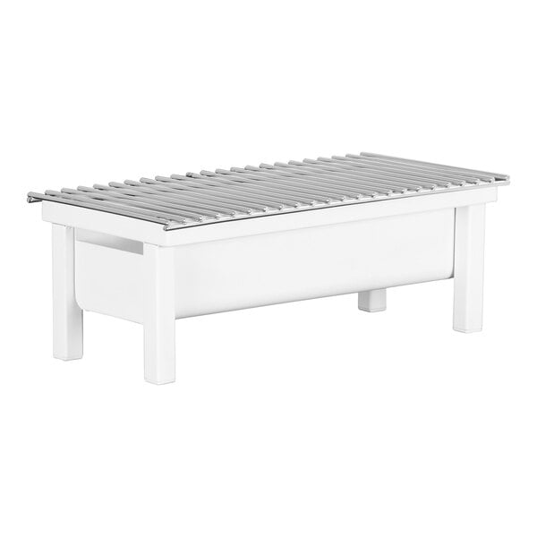 A white metal Cal-Mil chafer alternative on a table.