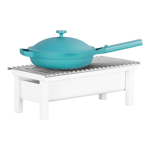 A white metal Cal-Mil chafer alternative on a white table.