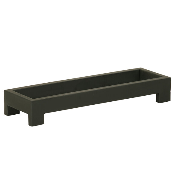 A black rectangular metal display riser with legs.