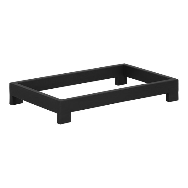 A black metal rectangular display riser with black handles.