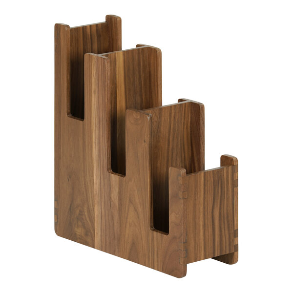 A wooden 3-tiered Cal-Mil cup and lid organizer.