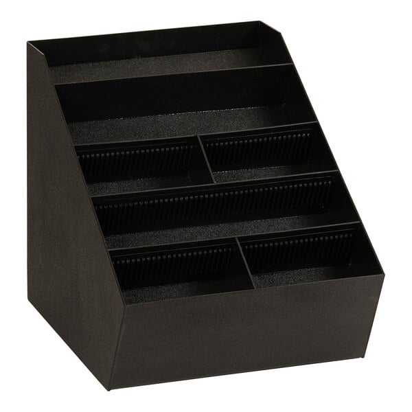 A black plastic Cal-Mil condiment organizer with compartments.