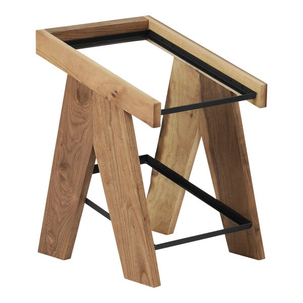 A wooden stand with black metal legs.