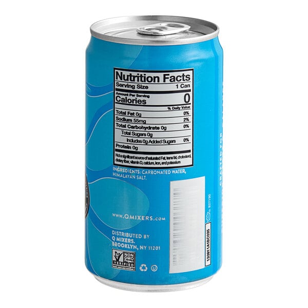 A Q Mixers Premium Club Soda can with a blue label and white text.