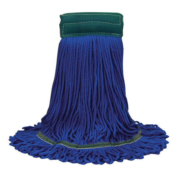 A close-up of a blue O-Cedar Commercial microfiber mop head with a green band.