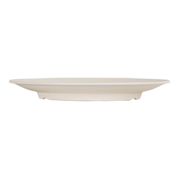 A Cal-Mil ivory melamine coupe plate with a white background.