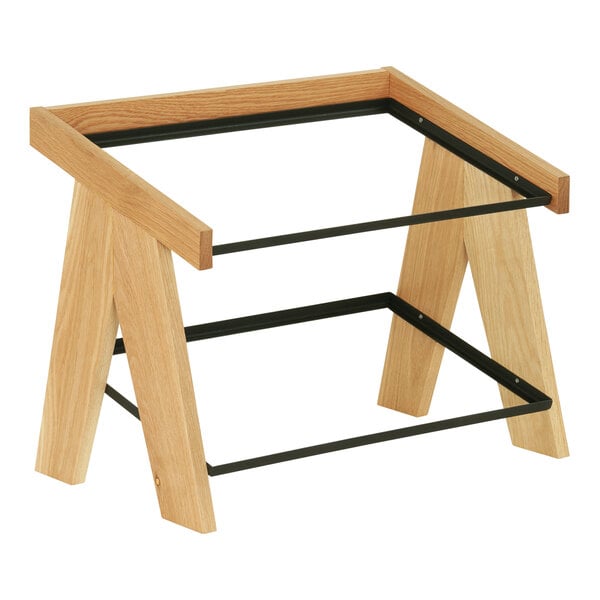 A wooden and black rack with two tiers for a Cal-Mil Sydney display frame.