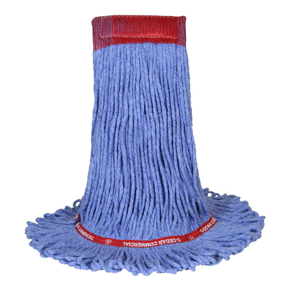 A blue O-Cedar mop head with a red band.