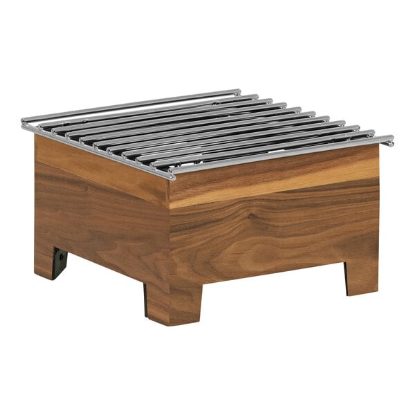 A wooden box with metal bars inside.