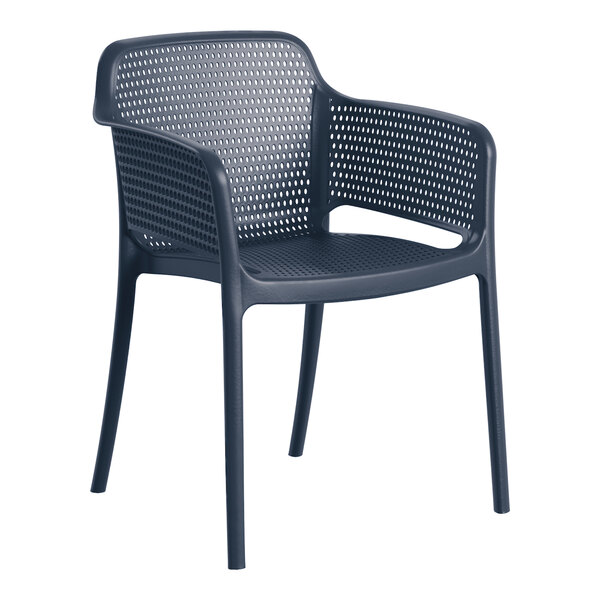 A blue resin arm chair with a perforated back and seat design.