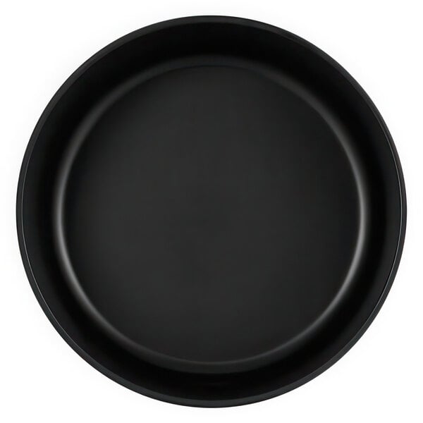 A black round melamine serving bowl with a white background.