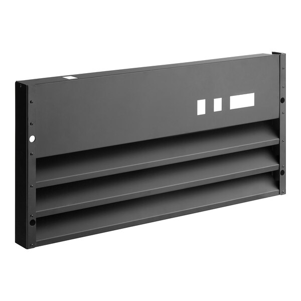 A black rectangular metal grille with white text.