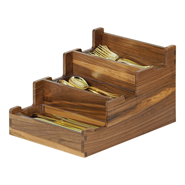 A Cal-Mil Sydney wooden flatware organizer holding gold spoons and forks.