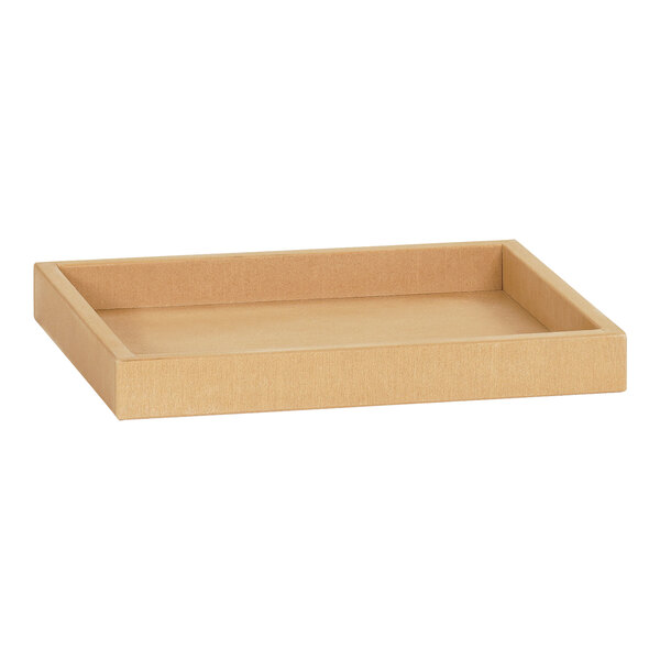 A brown rectangular faux wood room service tray with a long rectangular top.