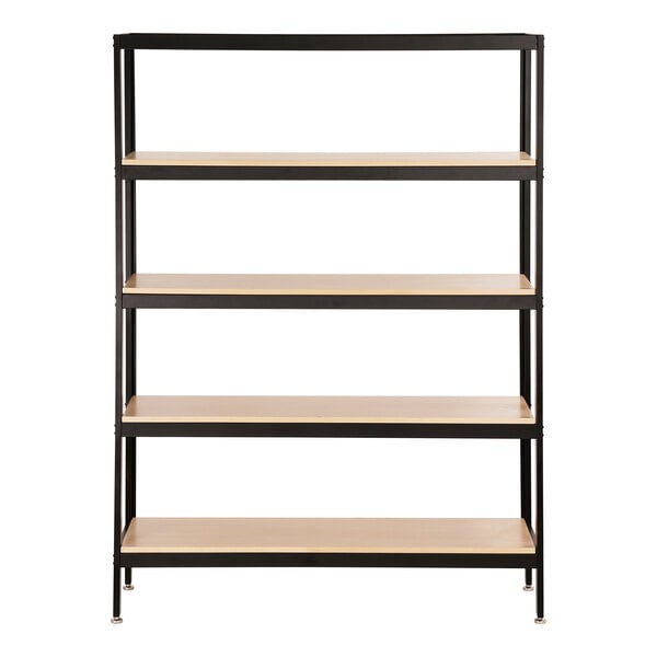 A blonde wood merchandiser rack with black metal frame and four shelves.