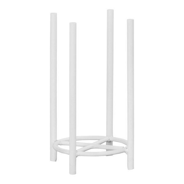 A white metal Cal-Mil cup and lid organizer with three long poles.