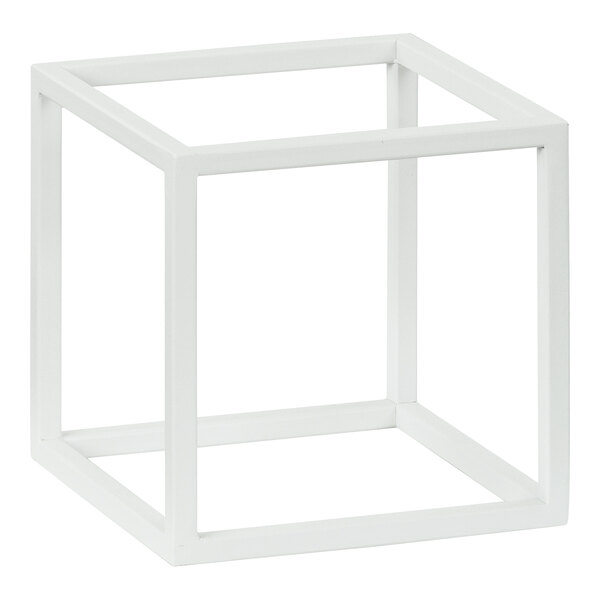 A white metal cube display riser.