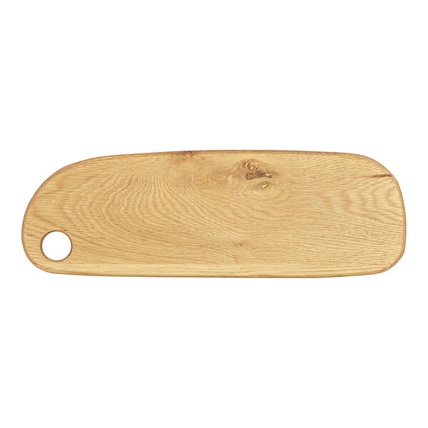 A Cal-Mil oak wooden serving board with a hole in the middle.