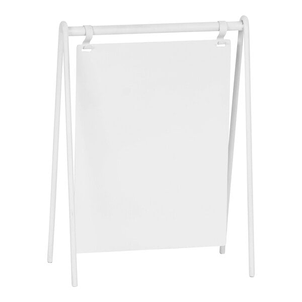 A white rectangular metal card holder with a white sign.