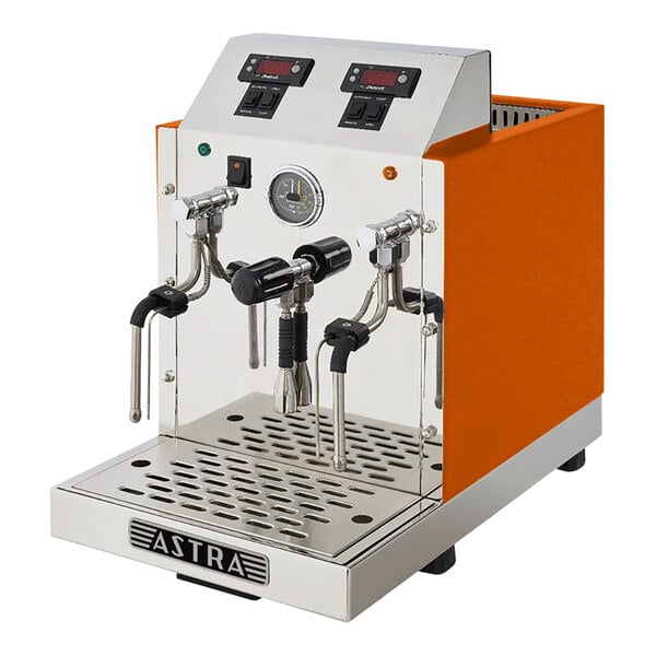 An automatic two-wand milk and beverage steamer with a gloss orange exterior and stainless steel front panel.