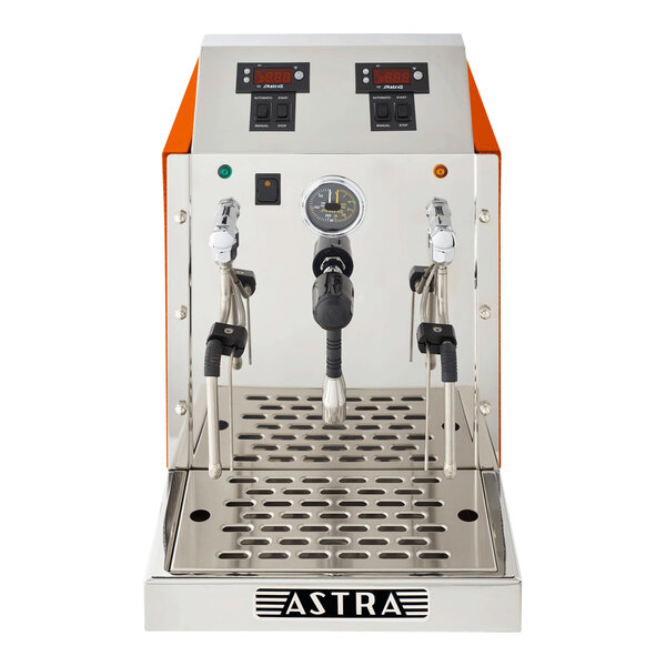 An automatic two-wand milk and beverage steamer with a stainless steel finish and orange side panels.