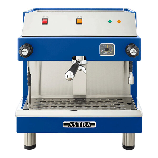 A blue and silver Astra Mega I semi-automatic espresso machine.