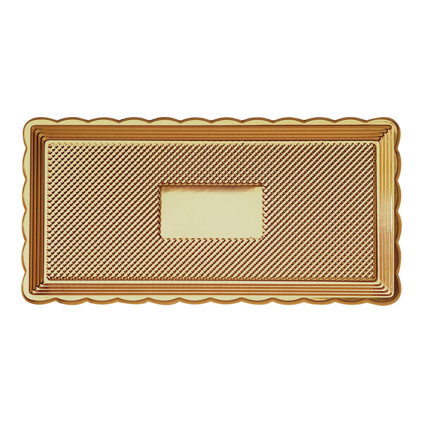 A rectangular gold plastic tray with a rectangular design in the center.