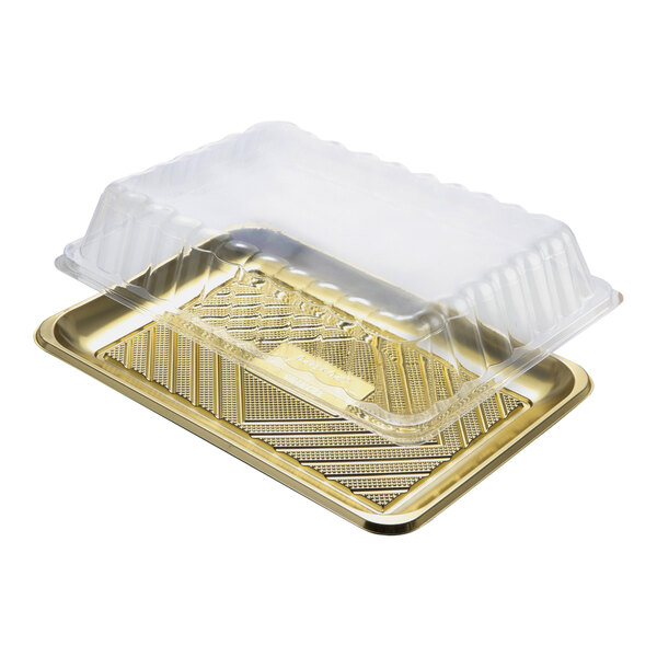 A clear rectangular PET plastic tray with a lid on it.