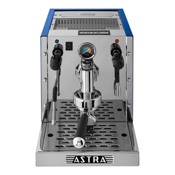 An Astra Gourmet silver and blue pourover espresso machine with a blue handle.