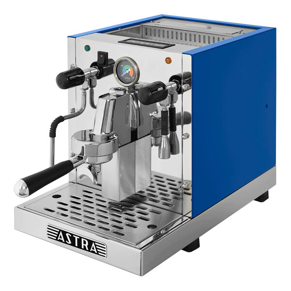 An Astra Gourmet blue and black automatic pourover espresso machine.