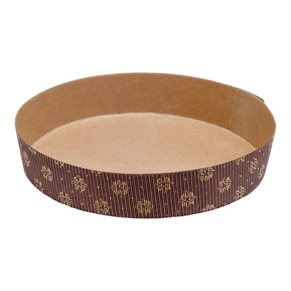 A round brown box with a brown lid containing brown paper tart baking molds with a brown stripe.