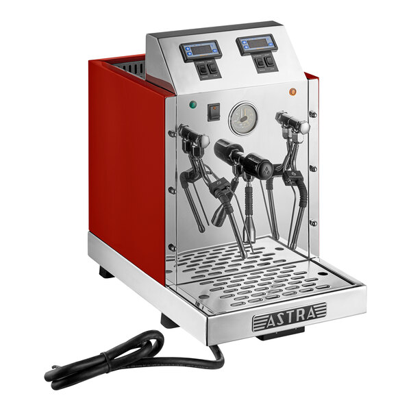An automatic two-wand milk and beverage steamer with a gloss red exterior and stainless steel front panel.