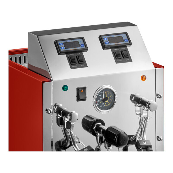 An automatic two-wand milk and beverage steamer with a gloss red exterior and digital controls.