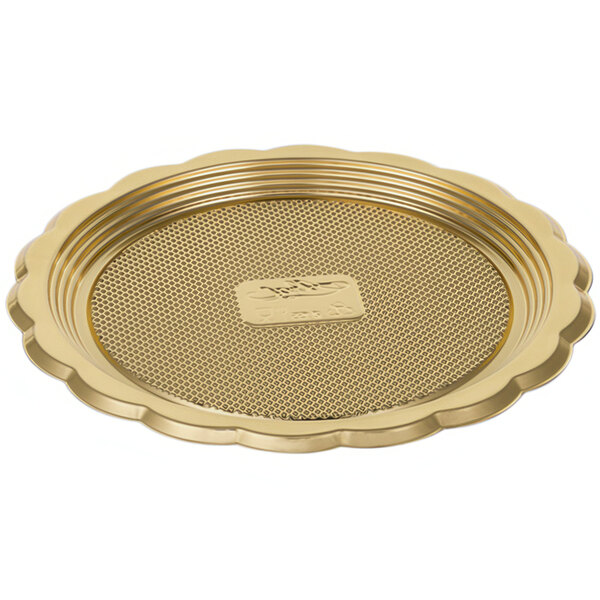 A Welcome Home Brands gold plastic Medoro tray with a scalloped edge on a white surface.