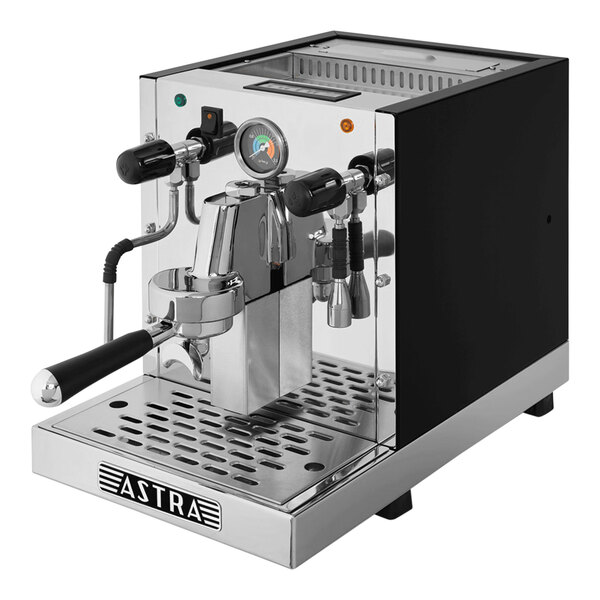 An Astra Gourmet black and silver automatic pourover espresso machine.