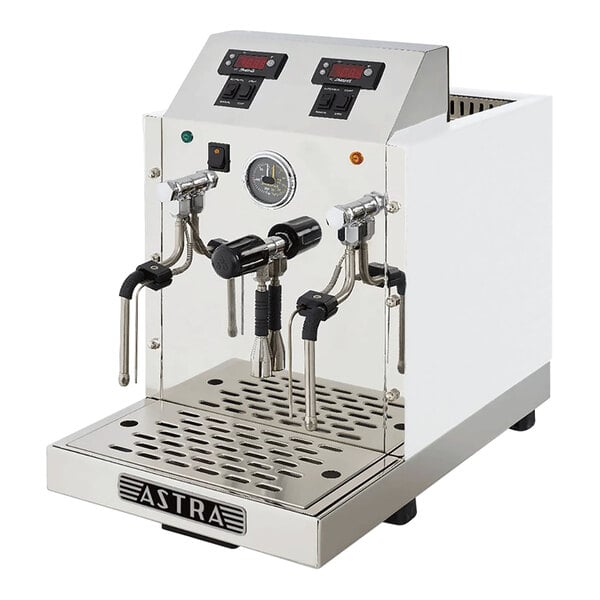 An automatic two-wand milk and beverage steamer with a gloss white finish and digital controls.