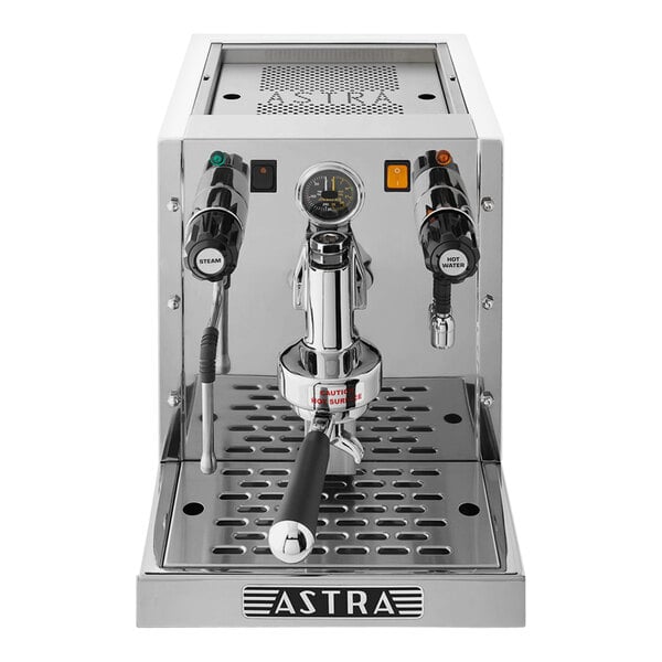 A white Astra Gourmet semi-automatic espresso machine.