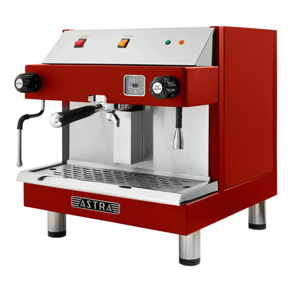 A red and silver Astra Mega I semi-automatic espresso machine.