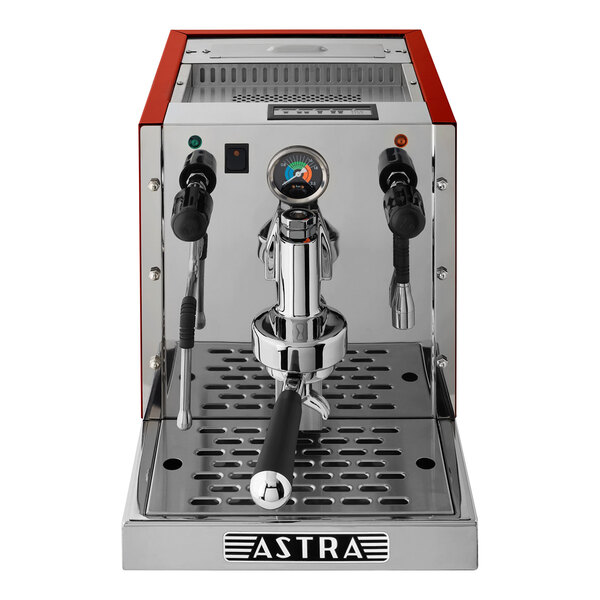 An Astra Gourmet red and silver automatic pourover espresso machine.