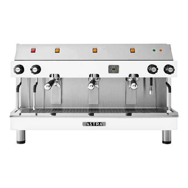 A white Astra Mega III espresso machine with three heads.