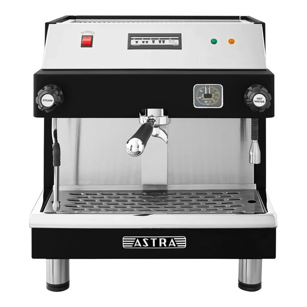 A black and silver Astra Mega I automatic espresso machine.