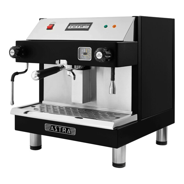 A black and silver Astra Mega I automatic espresso machine with a stainless steel handle.
